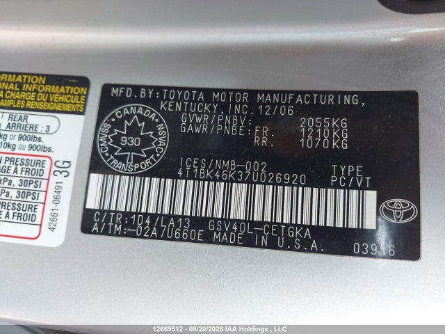 12669512 :رقم المزاد ، 4T1BK46K37U026920 vin ، 2007 Toyota Camry Le V6/se V6/xle V6 مزاد بيع