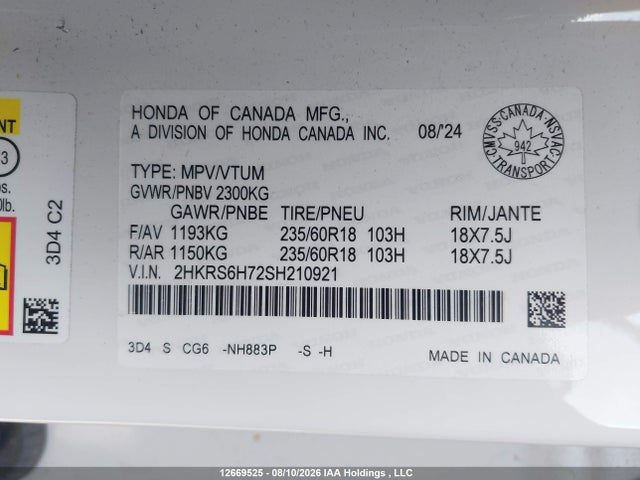 Продажа на аукционе авто 2025 Honda Cr-v Ex-l Hybrid, vin: 2HKRS6H72SH210921, номер лота: 12669525