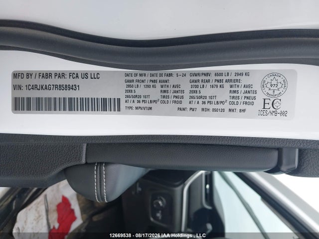 12669538 :رقم المزاد ، 1C4RJKAG7R8589431 vin ، 2024 Jeep Grand Cherokee L Altitude مزاد بيع
