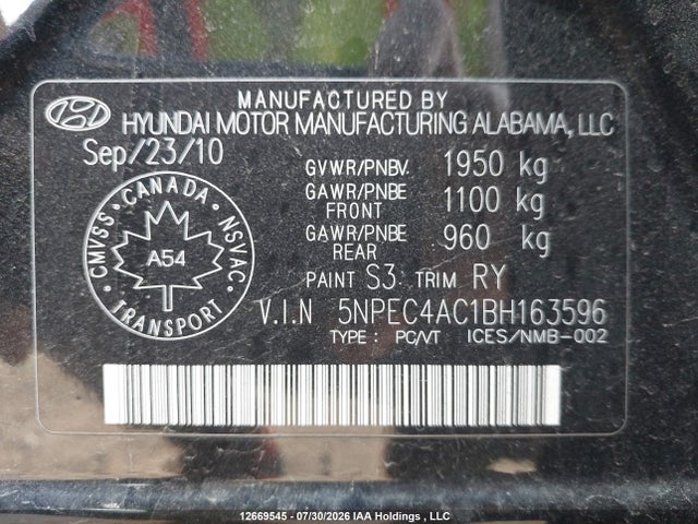2011 Hyundai Sonata Se/limited მანქანა იყიდება აუქციონზე, vin: 5NPEC4AC1BH163596, აუქციონის ნომერი: 12669545