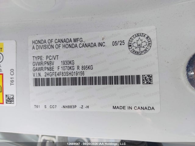 2HGFE4F83SH019156 Honda Civic Sport Hybrid/sport Touring Hybrid