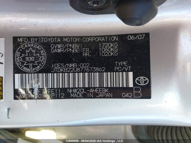 2007 Toyota Prius მანქანა იყიდება აუქციონზე, vin: JTDKB22U877673862, აუქციონის ნომერი: 12669559