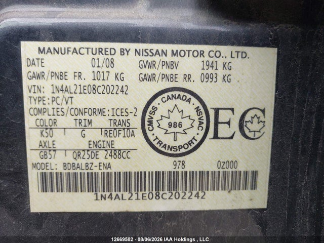 Продаж на аукціоні авто 2008 Nissan Altima 2.5 S, vin: 1N4AL21E08C202242, номер лоту: 12669582