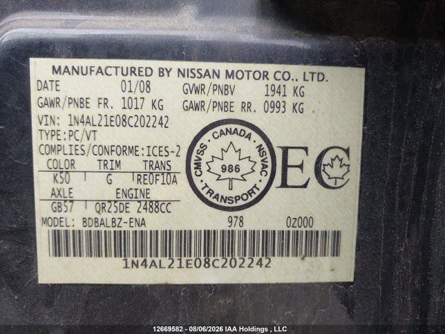 Продаж на аукціоні авто 2008 Nissan Altima 2.5 S, vin: 1N4AL21E08C202242, номер лоту: 12669582