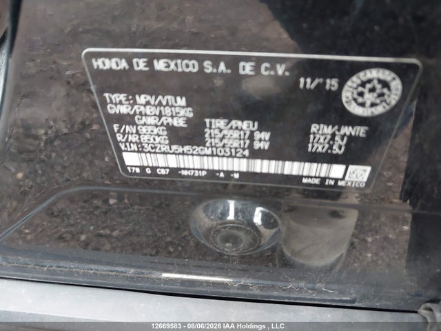 12669583 :رقم المزاد ، 3CZRU5H52GM103124 vin ، 2016 Honda Hr-v Ex مزاد بيع