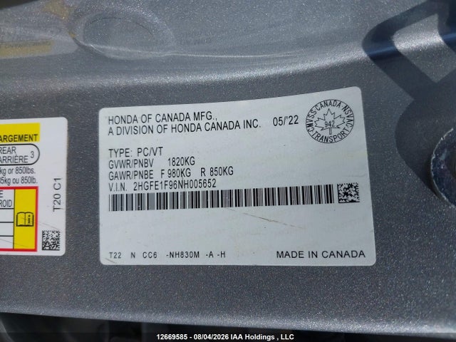 Honda Civic Touring 2022 2HGFE1F96NH005652 Image 9