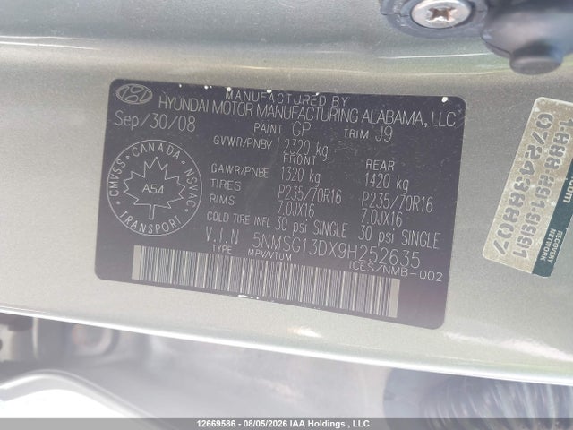 Aukcja sprzedaży 2009 Hyundai Santa Fe Gls, vin: 5NMSG13DX9H252635, numer aukcji: 12669586