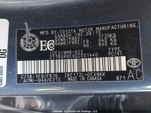 12669588 :رقم المزاد ، 2T1BURHE9GC501440 vin ، 2016 Toyota Corolla L/le/le Pls/prm/s/s Pls مزاد بيع