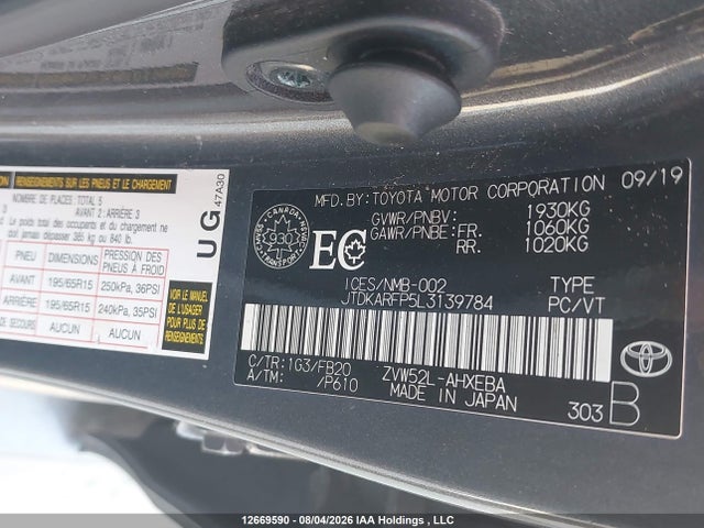 Aukcja sprzedaży 2020 Toyota Prius Prime, vin: JTDKARFP5L3139784, numer aukcji: 12669590