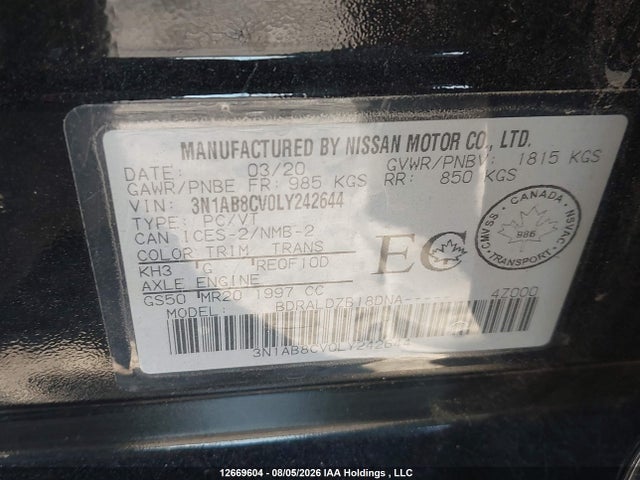 2020 Nissan Sentra Sv მანქანა იყიდება აუქციონზე, vin: 3N1AB8CV0LY242644, აუქციონის ნომერი: 12669604