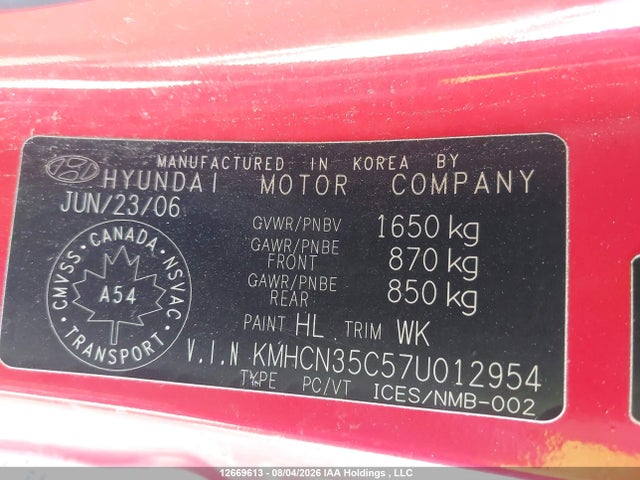 Продажа на аукционе авто 2007 Hyundai Accent Gs/sr, vin: KMHCN35C57U012954, номер лота: 12669613