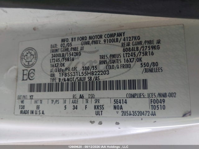 Продаж на аукціоні авто 2005 Ford E-350 Super Duty Xl/xlt, vin: 1FBSS31L55HB22203, номер лоту: 12669620