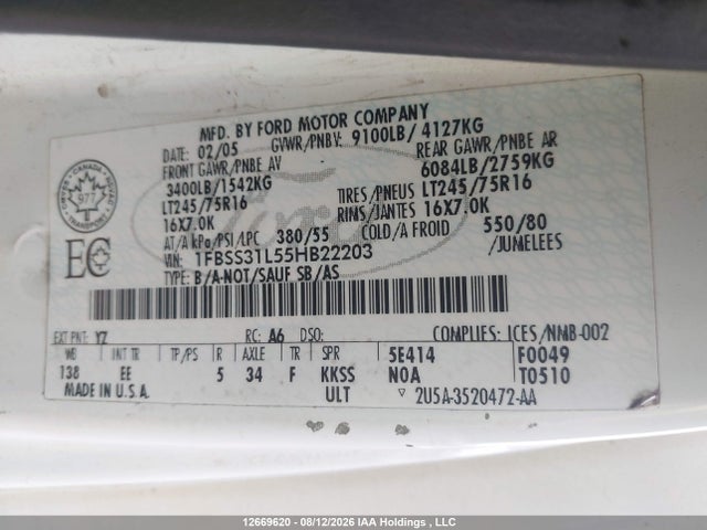 Продаж на аукціоні авто 2005 Ford E-350 Super Duty Xl/xlt, vin: 1FBSS31L55HB22203, номер лоту: 12669620