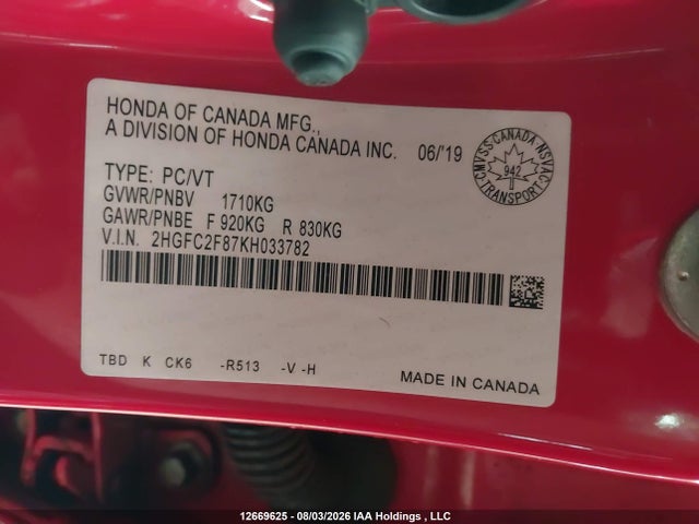 Honda Civic 2019 2HGFC2F87KH033782 Image 19