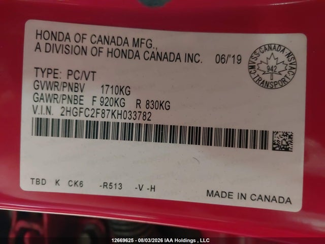 Honda Civic 2019 2HGFC2F87KH033782 Image 9