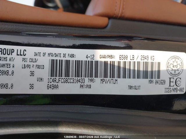 2012 Jeep Grand Cherokee Overland მანქანა იყიდება აუქციონზე, vin: 1C4RJFCG8CC310433, აუქციონის ნომერი: 12669636
