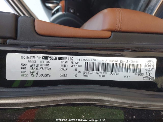 2012 Jeep Grand Cherokee Overland მანქანა იყიდება აუქციონზე, vin: 1C4RJFCG8CC310433, აუქციონის ნომერი: 12669636
