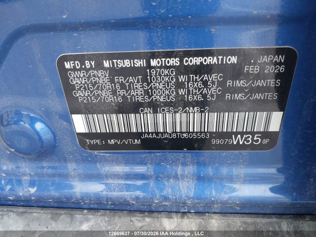Aukcja sprzedaży 2026 Mitsubishi Rvr Es, vin: JA4AJUAU8TU605563, numer aukcji: 12669637