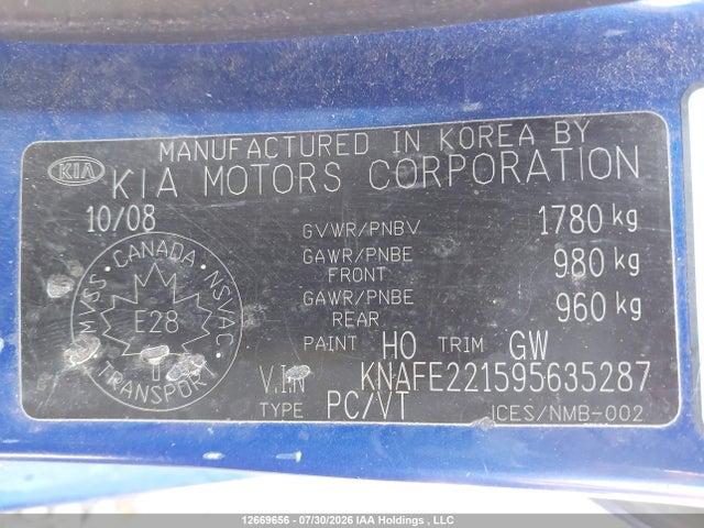Продаж на аукціоні авто 2009 Kia Spectra Ex/lx/sx, vin: KNAFE221595635287, номер лоту: 12669656