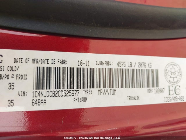 Aukcja sprzedaży 2012 Jeep Compass Limited, vin: 1C4NJDCB2CD525677, numer aukcji: 12669677