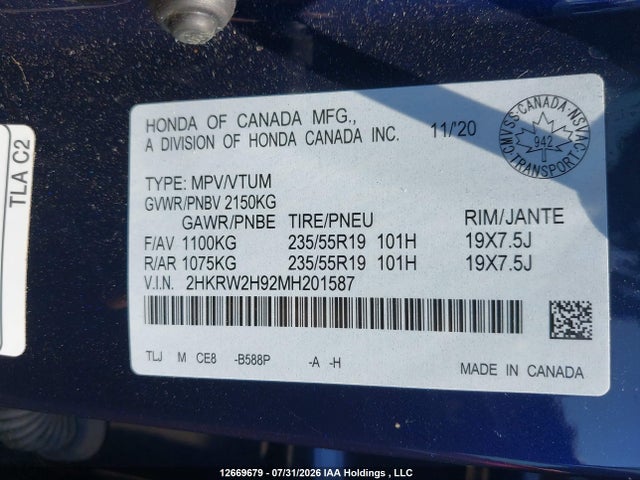 Продаж на аукціоні авто 2021 Honda Cr-v, vin: 2HKRW2H92MH201587, номер лоту: 12669679