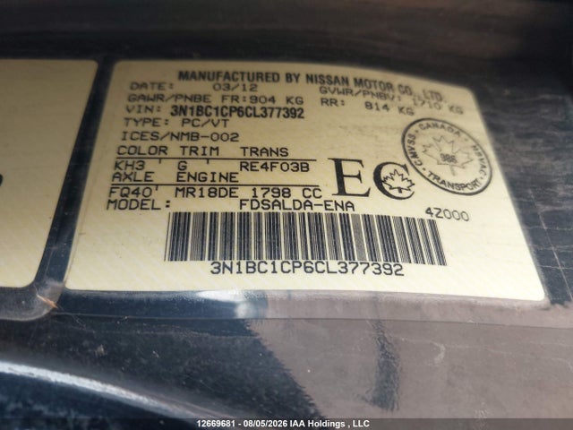 2012 Nissan Versa 1.8 S მანქანა იყიდება აუქციონზე, vin: 3N1BC1CP6CL377392, აუქციონის ნომერი: 12669681