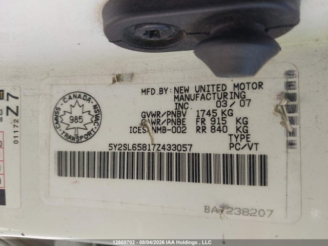 2007 Pontiac Vibe მანქანა იყიდება აუქციონზე, vin: 5Y2SL65817Z433057, აუქციონის ნომერი: 12669702