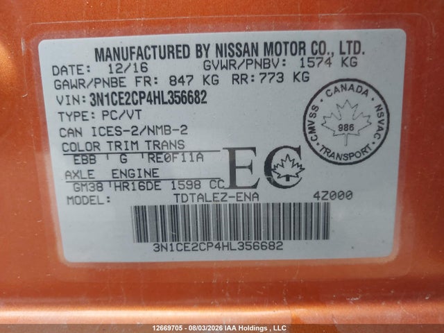3N1CE2CP4HL356682 Nissan Versa Note 1.6 S/1.6 Sl/1.6 Sr/1.6 Sv