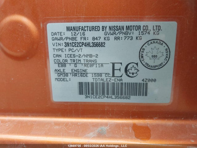 3N1CE2CP4HL356682 Nissan Versa Note 1.6 S/1.6 Sl/1.6 Sr/1.6 Sv