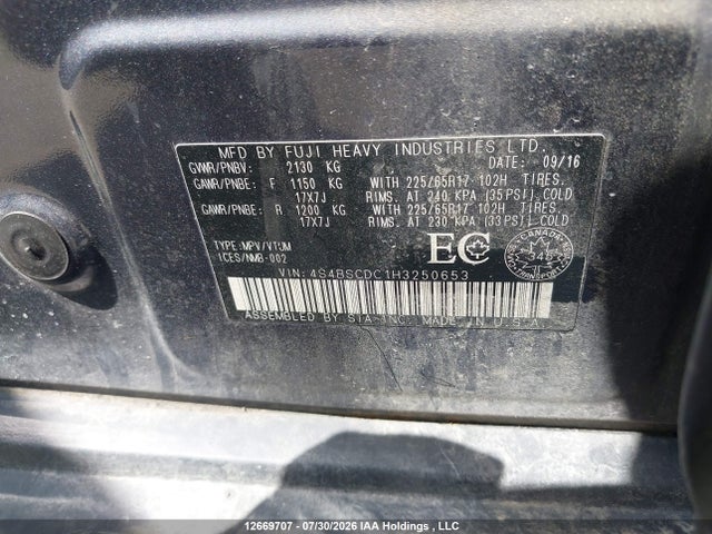 Aukcja sprzedaży 2017 Subaru Outback 2.5i Touring, vin: 4S4BSCDC1H3250653, numer aukcji: 12669707