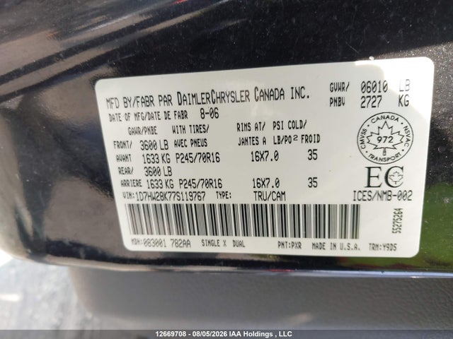 12669708 :رقم المزاد ، 1D7HW28K77S119767 vin ، 2007 Dodge Dakota Quad/st مزاد بيع