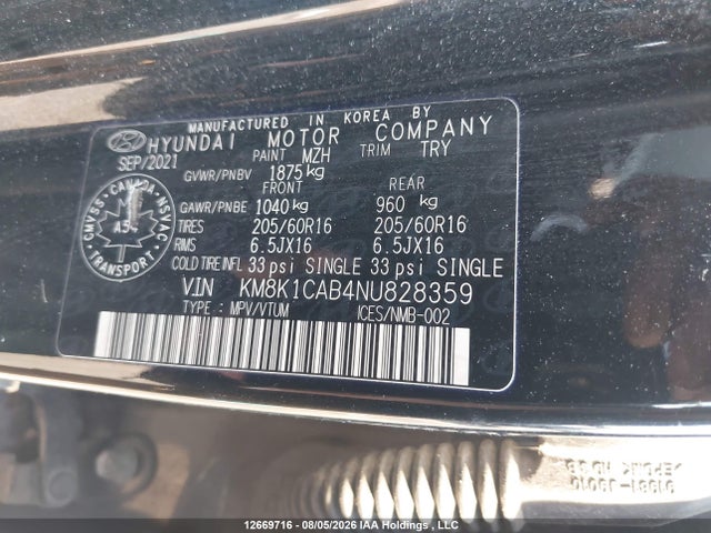 12669716 :رقم المزاد ، KM8K1CAB4NU828359 vin ، 2022 Hyundai Kona Essential Awd مزاد بيع