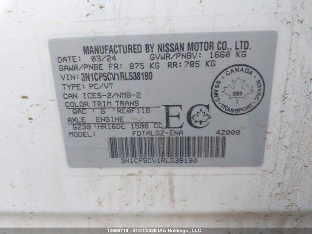 2024 Nissan Kicks Sv მანქანა იყიდება აუქციონზე, vin: 3N1CP5CV1RL538190, აუქციონის ნომერი: 12669719