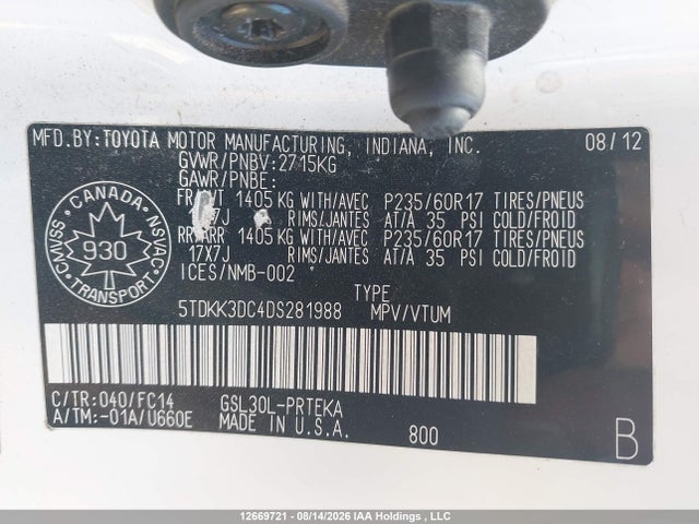 2013 Toyota Sienna Le მანქანა იყიდება აუქციონზე, vin: 5TDKK3DC4DS281988, აუქციონის ნომერი: 12669721