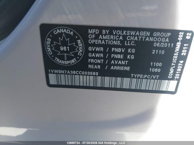Продажа на аукционе авто 2012 Volkswagen Passat 2.0 Tdi Comfortline, vin: 1VWBN7A36CC003593, номер лота: 12669724