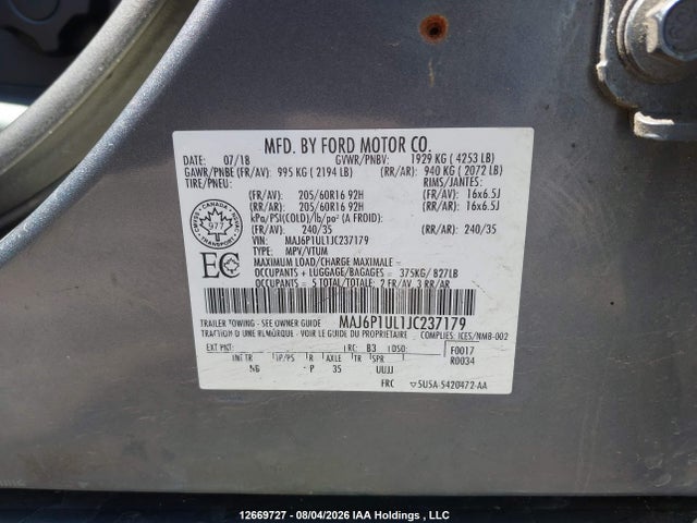 12669727 :رقم المزاد ، MAJ6P1UL1JC237179 vin ، 2018 Ford Ecosport Se مزاد بيع