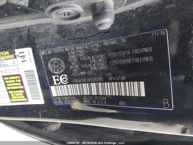 5TDJZ3DC7KS220185 Toyota Sienna Le 7-passenger