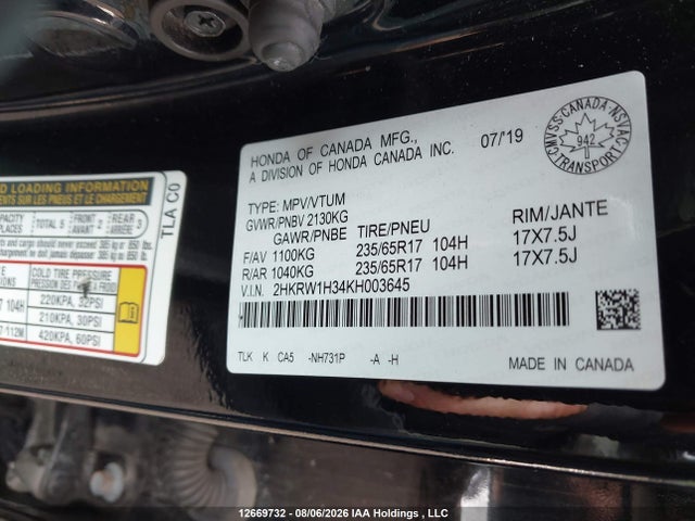 2019 Honda Cr-v Lx მანქანა იყიდება აუქციონზე, vin: 2HKRW1H34KH003645, აუქციონის ნომერი: 12669732