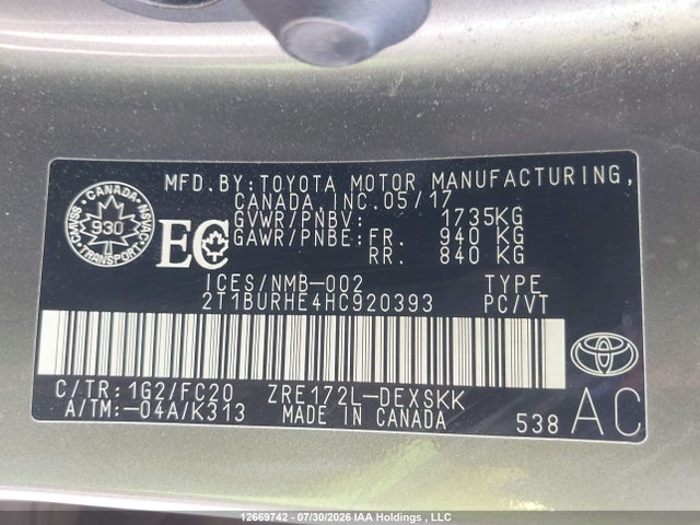 2T1BURHE4HC920393 Toyota Corolla L/le/xle/se/xse