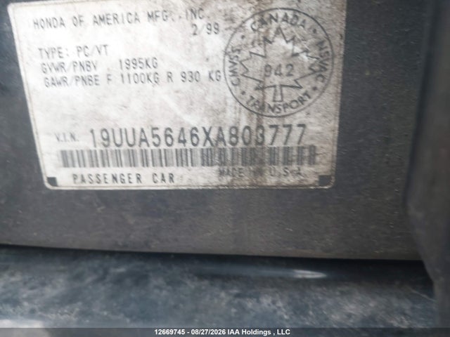 12669745 :رقم المزاد ، 19UUA5646XA803777 vin ، 1999 Acura Tl مزاد بيع