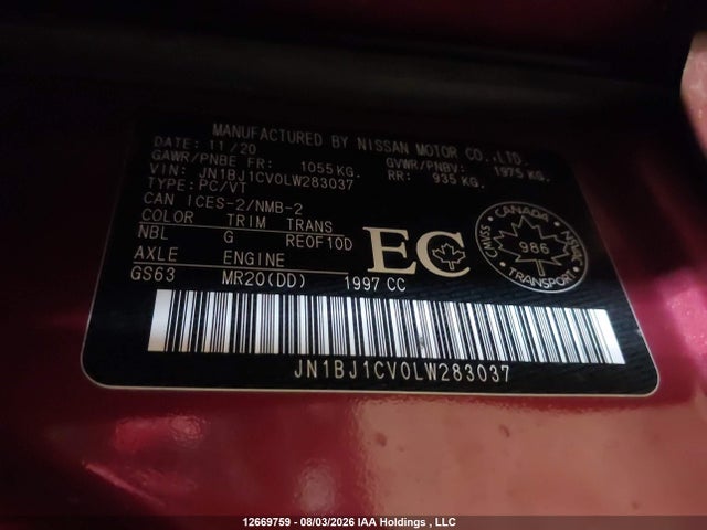 12669759 :رقم المزاد ، JN1BJ1CV0LW283037 vin ، 2020 Nissan Qashqai مزاد بيع
