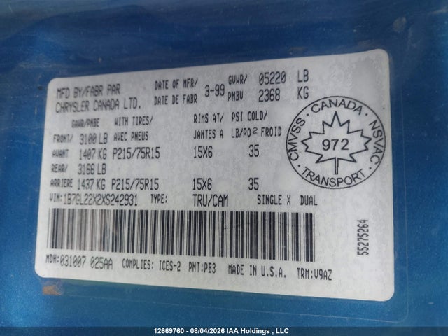 Auction sale of the 1999 Dodge Dakota, vin: 1B7GL22X2XS242931, lot number: 12669760