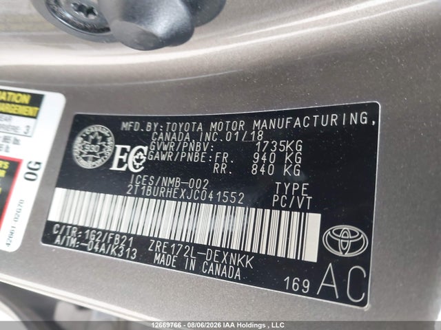 Aukcja sprzedaży 2018 Toyota Corolla L/le/xle/se/xse, vin: 2T1BURHEXJC041552, numer aukcji: 12669766