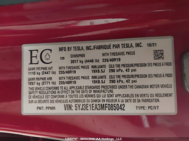 Tesla Model 3 Standard Range/standard Range Plus 2021 5YJ3E1EA3MF085042 Image 9