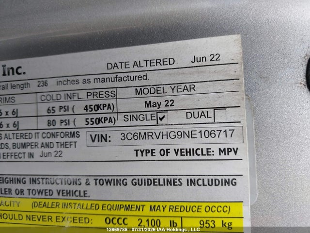 12669785 :رقم المزاد ، 3C6MRVHG9NE106717 vin ، 2022 Ram Promaster 3500 High Roof 159 In. Wb مزاد بيع