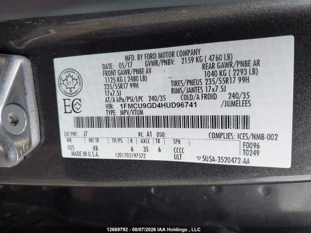 Ford Escape 2017 1FMCU9GD4HUD96741 Image 9