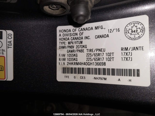 2016 Honda Cr-v მანქანა იყიდება აუქციონზე, vin: 2HKRM4H40GH136698, აუქციონის ნომერი: 12669794