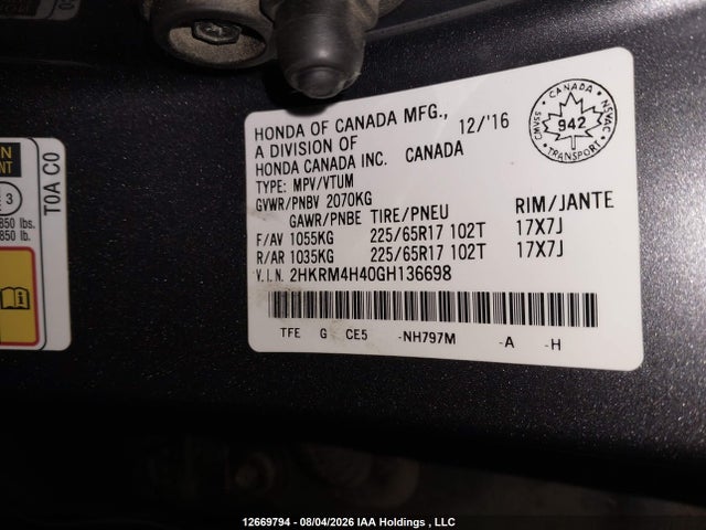 2016 Honda Cr-v მანქანა იყიდება აუქციონზე, vin: 2HKRM4H40GH136698, აუქციონის ნომერი: 12669794