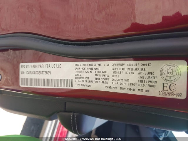 12669808 :رقم المزاد ، 1C4RJKAG3S8772699 vin ، 2025 Jeep Grand Cherokee L Laredo/l Altitude مزاد بيع
