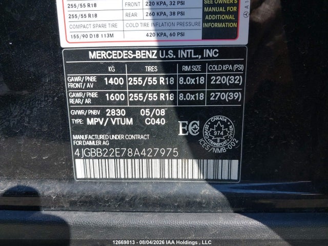Aukcja sprzedaży 2008 Mercedes-benz Ml 320 Cdi, vin: 4JGBB22E78A427975, numer aukcji: 12669813